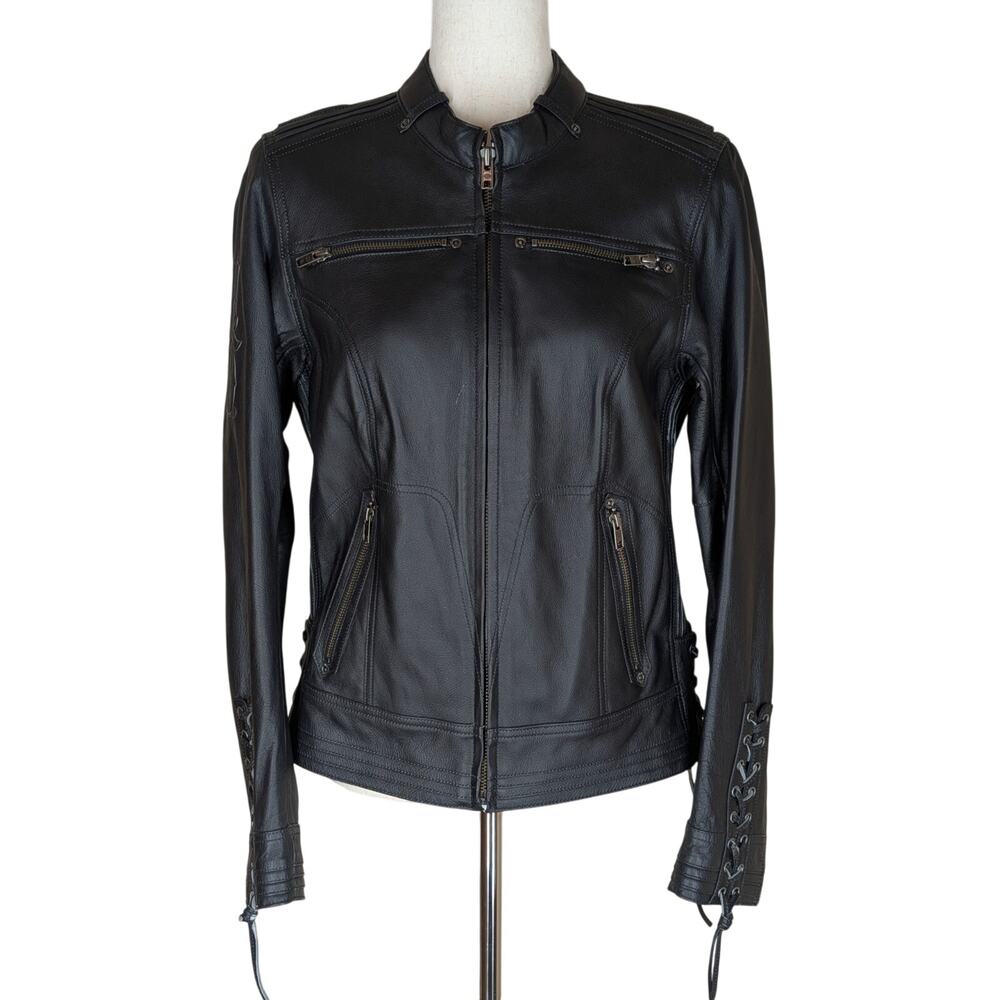 Harley-Davidson Jacket Womens Medium Black Leather Lace Up Sleeves Motorcycle